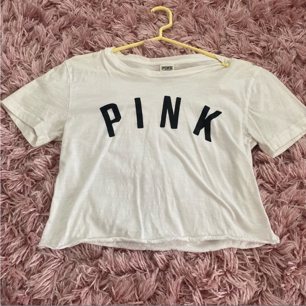 Pink cropped white tee logo size small